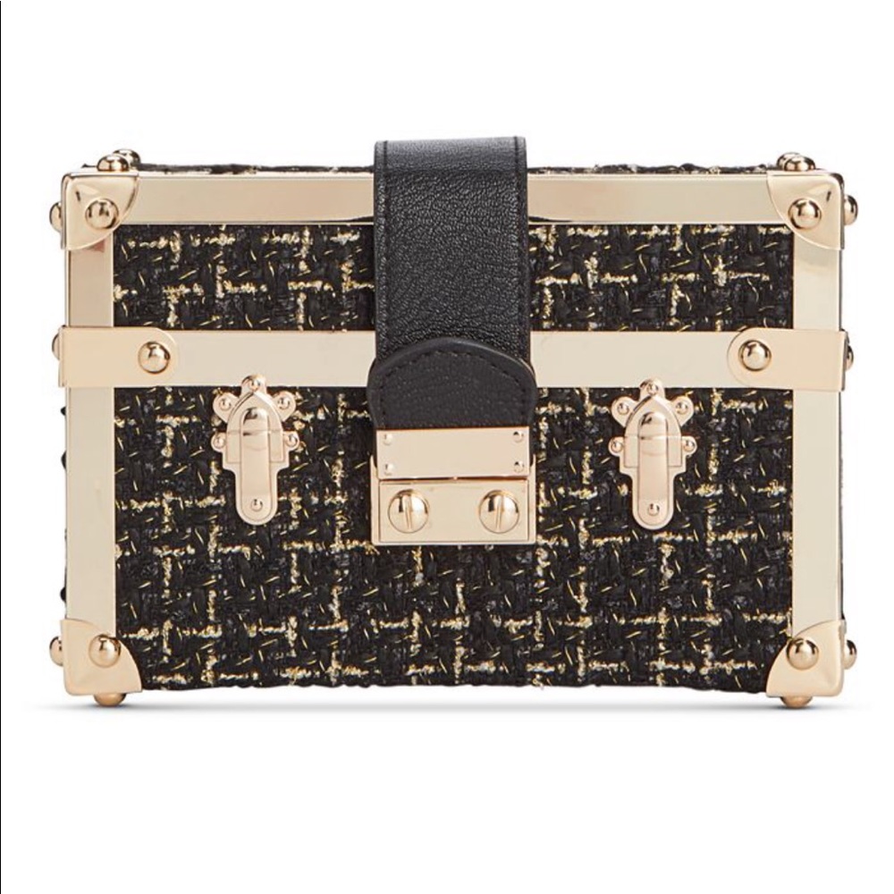 INC International Concepts Black and Gold Tweed Box Clutch
